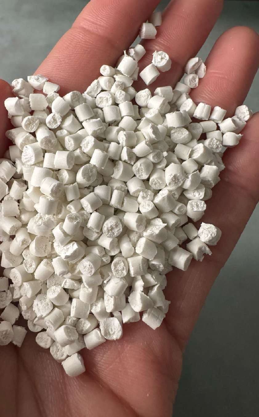White cylindrical pellets in the palm of a hand